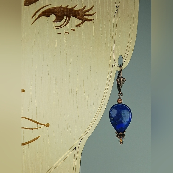 HAND CRAFTED Lapis Lazuli Blue Copper Gemstone Teardrop Rustic Dangle Earrings - Picture 5 of 6